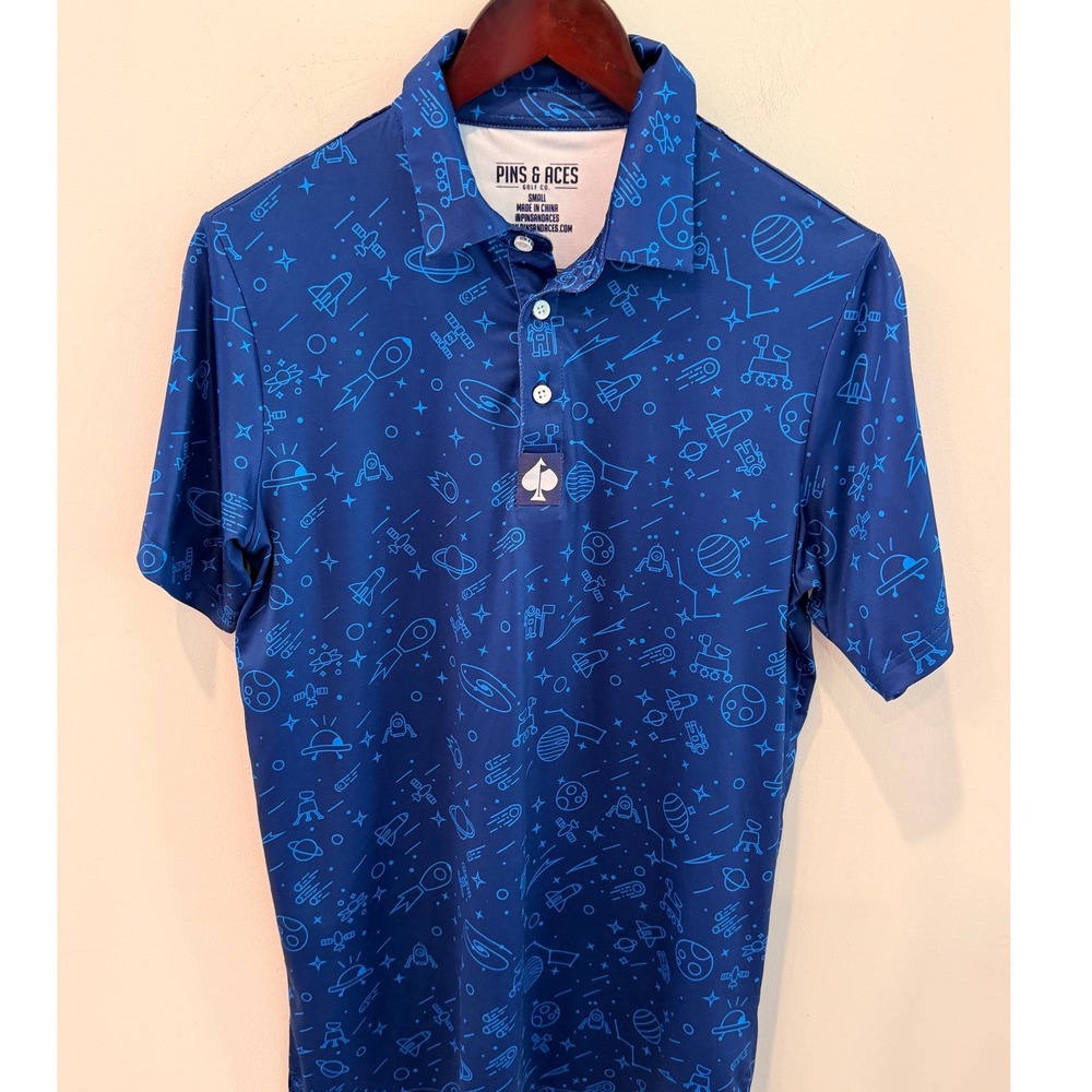 Pins & Aces NASA Space Polo Shirt Mens Small Blue Golf Performance Short Sleeve
